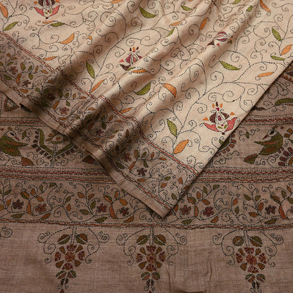 Indian Vintage Beige & Brown Saree 100% Pure Silk Hand Embroidered Kantha Sari Fabric 5Yd Sewing Floral Sequin