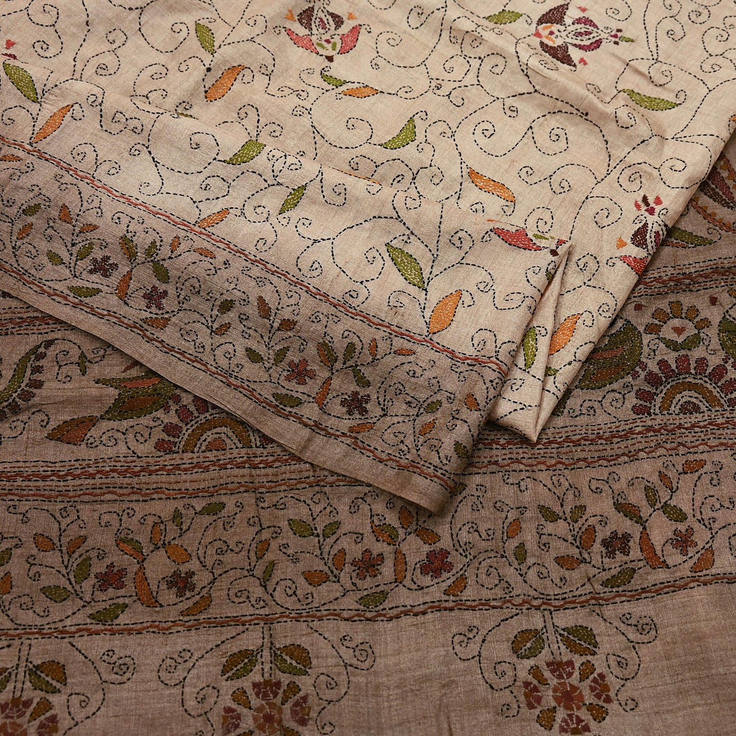 Indian Vintage Beige & Brown Saree 100% Pure Silk Hand Embroidered Kantha Sari Fabric 5Yd Sewing Floral Sequin