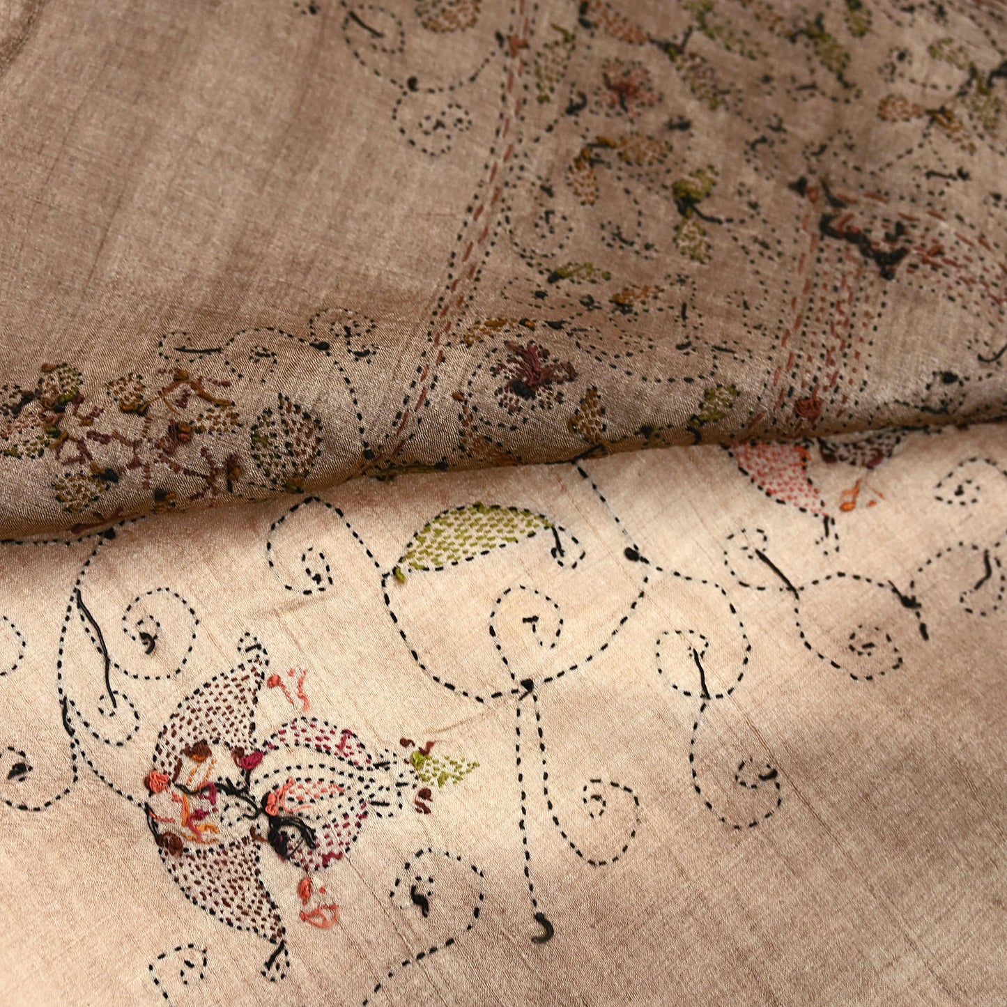 Indian Vintage Beige & Brown Saree 100% Pure Silk Hand Embroidered Kantha Sari Fabric 5Yd Sewing Floral Sequin