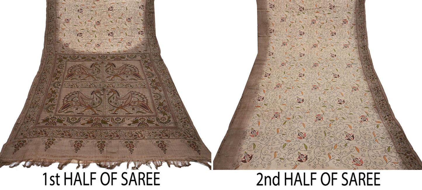 Indian Vintage Beige & Brown Saree 100% Pure Silk Hand Embroidered Kantha Sari Fabric 5Yd Sewing Floral Sequin