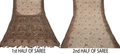 Indian Vintage Beige & Brown Saree 100% Pure Silk Hand Embroidered Kantha Sari Fabric 5Yd Sewing Floral Sequin