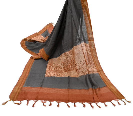 Indian Vintage Gray Dupatta Long Stole 100% Pure Chanderi Silk Handloom warli Print Scarves Veil Scarf Wrap Hippie Fringes