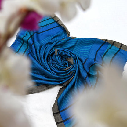 Vintage Blue Stole Pure Wool Printed Dupatta Scarf Shawl Wrap Floral Long Winter Scarf for Women, Hijab, Christmas Gift