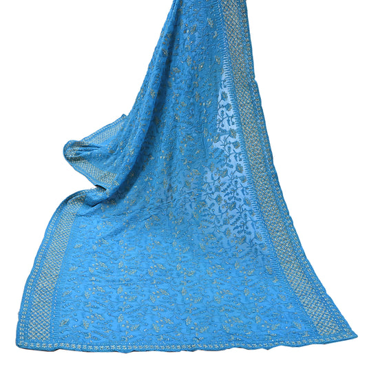 Indian Vintage Dupatta Blue Pure Georgette silk Long Stole Embroidered Scarves Veil Wrap Hijab