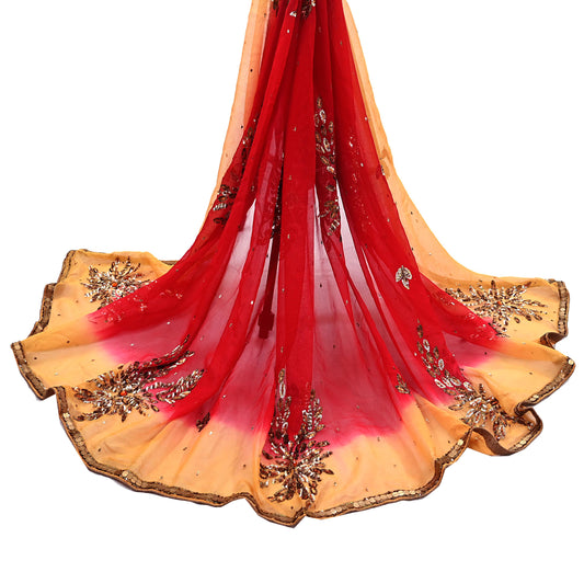Indian Vintage Red & Saffron Dupatta Pure Georgette silk Long Stole Hand Embroidered Mukesh Scarves Stole Veil Wrap Sequins