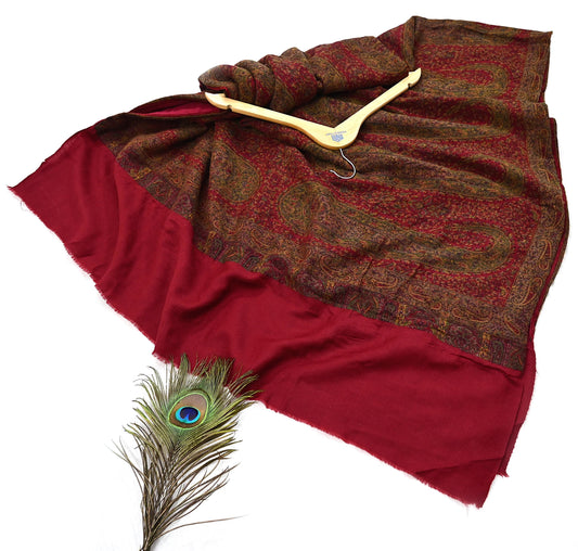 Vintage Kashmiri Wool Shawl Maroon Handwoven Jamawar Paisley Wrap Pure Woolen Winter Scarf Warm Ethnic Stole Christmas Gift for Her