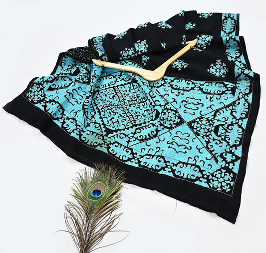 Vintage Gujarati Wool Shawl Black Hand Embroidered Tribal Kutchi Shawl Wrap Pure Woolen Ethnic Stole Christmas Gift for Her