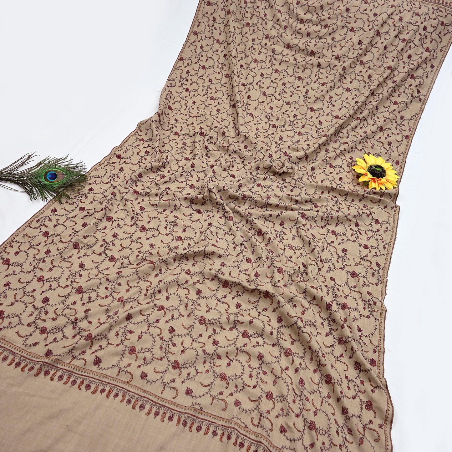 Indian Vintage Brown Shawl Pure Woolen Handmade Suzani Long Throw Stole Warm Design Soft Soft Cozy