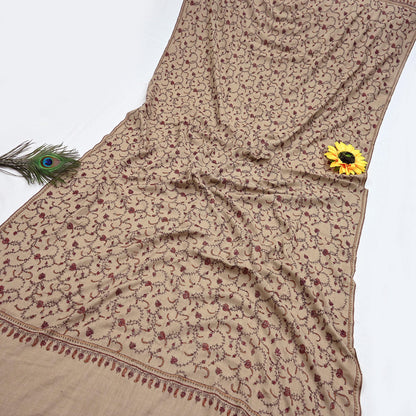 Indian Vintage Brown Shawl Pure Woolen Handmade Suzani Long Throw Stole Warm Design Soft Soft Cozy
