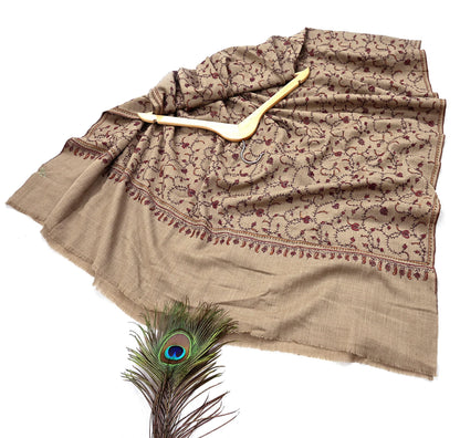 Indian Vintage Brown Shawl Pure Woolen Handmade Suzani Long Throw Stole Warm Design Soft Soft Cozy