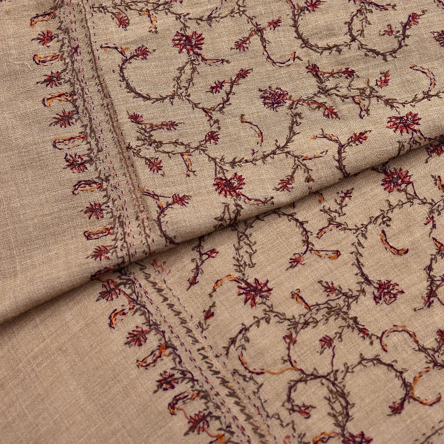 Indian Vintage Brown Shawl Pure Woolen Handmade Suzani Long Throw Stole Warm Design Soft Soft Cozy