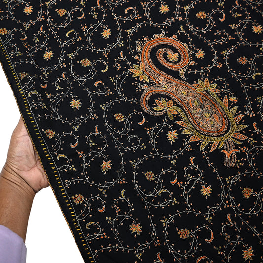 Indian Vintage Black Shawl Pure Woolen Handmade Suzani Long Throw Stole Warm Floral Design Soft Cozy