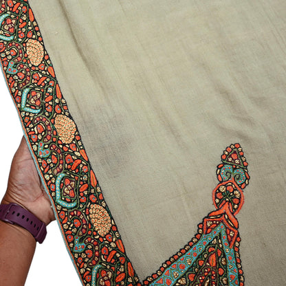 Indian Vintage Green Shawl Pure Pushmina Handmade Suzani Long Throw Stole Warm Paisley Design Soft Cozy