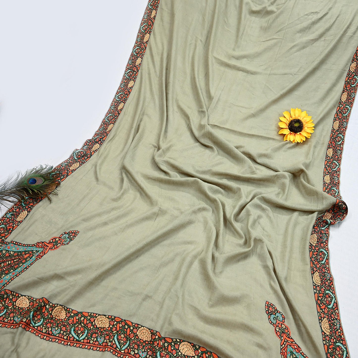 Indian Vintage Green Shawl Pure Pushmina Handmade Suzani Long Throw Stole Warm Paisley Design Soft Cozy