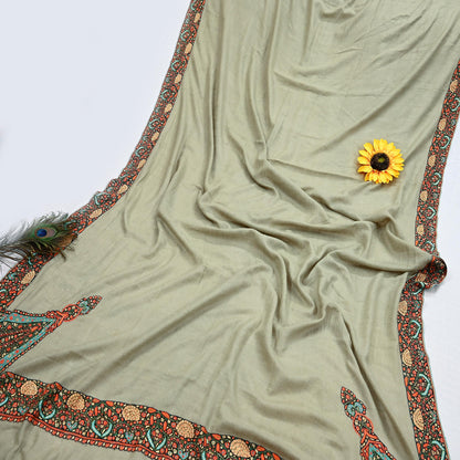 Indian Vintage Green Shawl Pure Pushmina Handmade Suzani Long Throw Stole Warm Paisley Design Soft Cozy