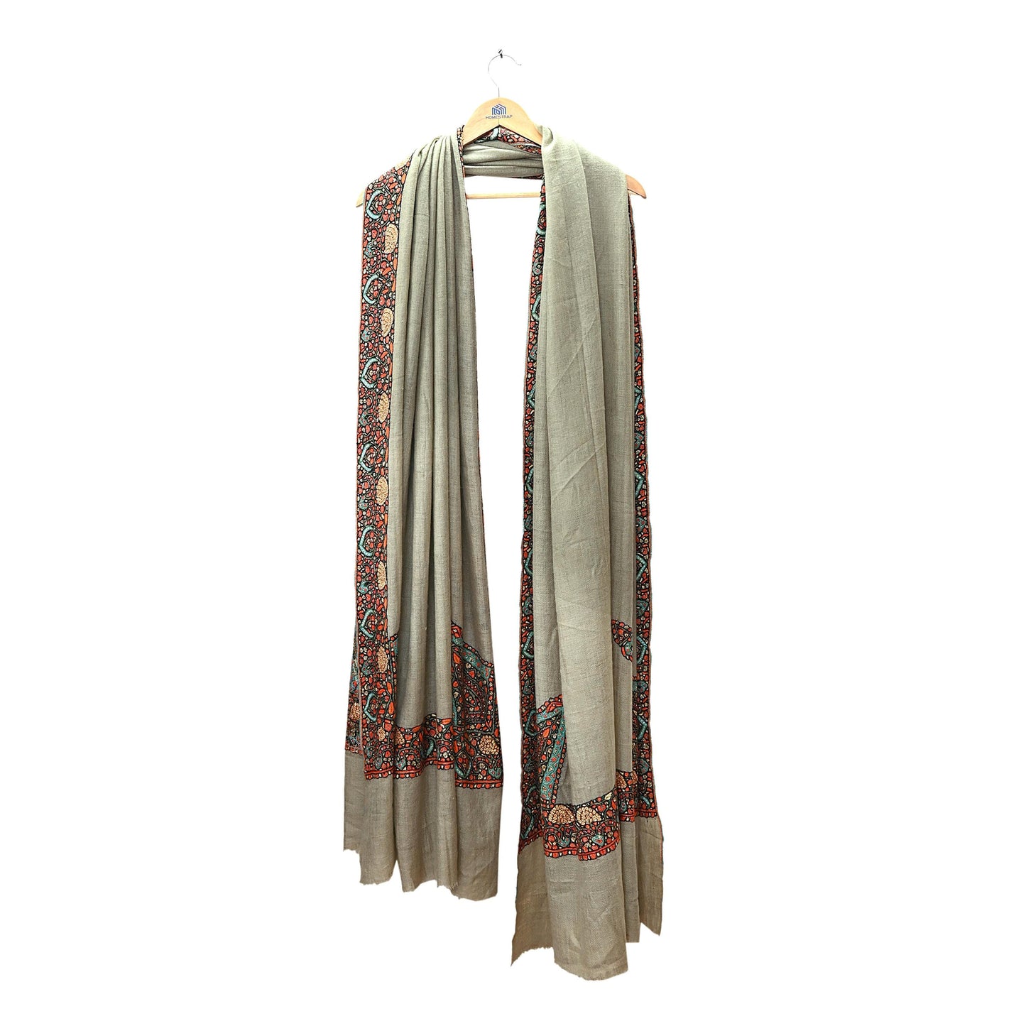 Indian Vintage Green Shawl Pure Pushmina Handmade Suzani Long Throw Stole Warm Paisley Design Soft Cozy