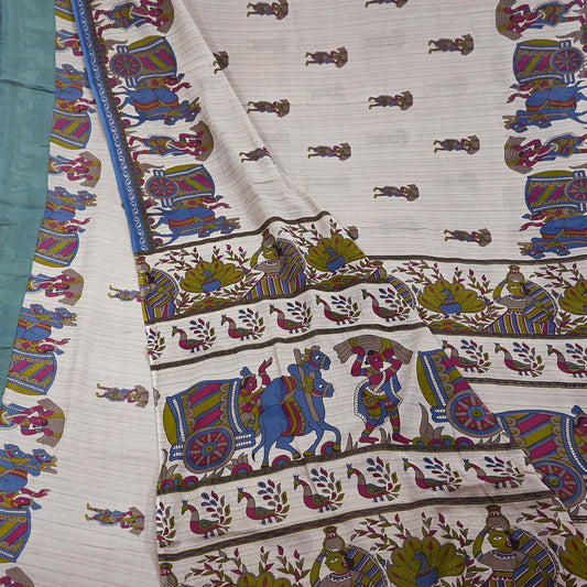 Indian Vintage Sari Kalamkari Printed Pure Cotton Saree Fabric Soft Floral 5Yd Sarong Wrap Fabric Peacock