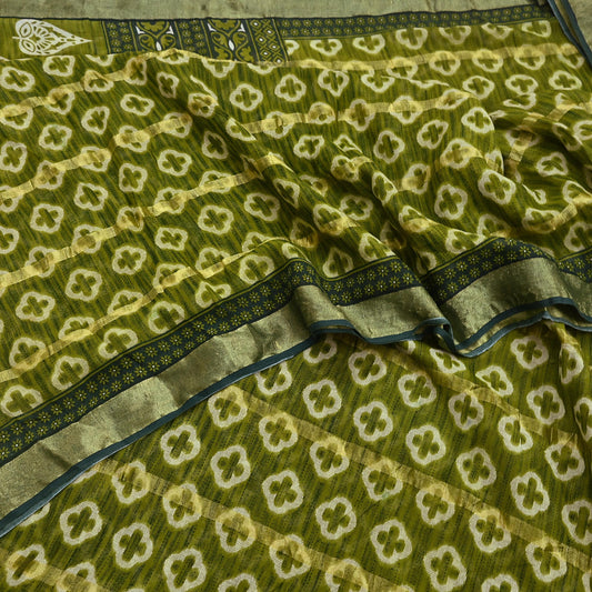 Indian Vintage Green Saree Pure Cotton Printed Woven Sari Craft Soft Fabric 5Yd Sewing Sarong Wrap Boho Abstract Design