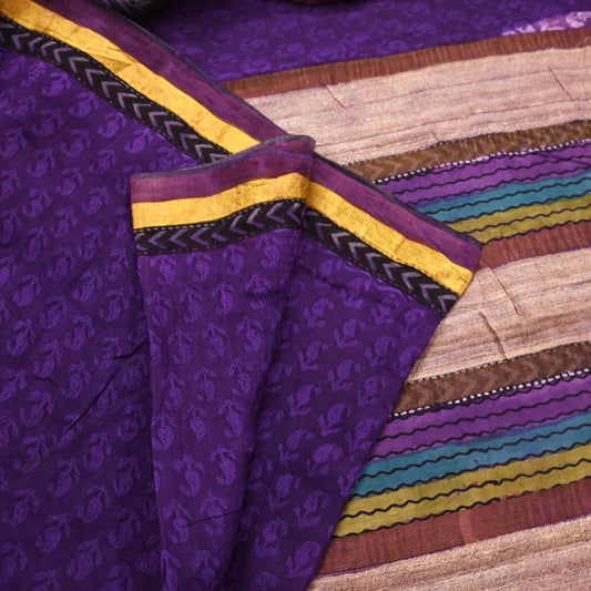 Indian Vintage Purple Pure Chanderi Silk Saree Block Printed Floral Design, Zari Border 5 Yards Craft Fabric for Upcycling, Dressmaking