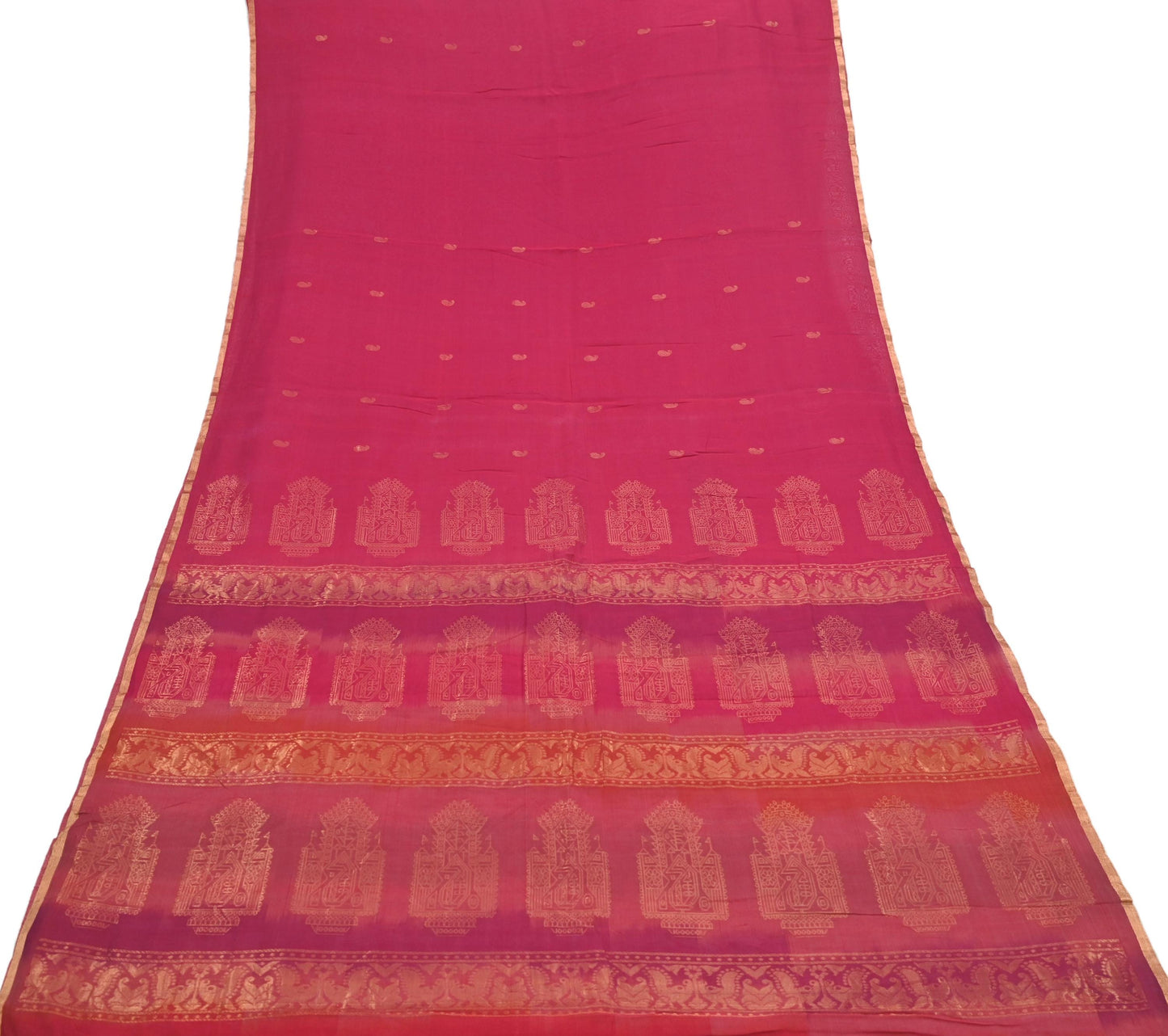 Indian Vintage Sari Pink & Orange Hand Woven Printed Sari 100% Pure Silk Sarees Craft Fabric 5yd Soft Zari Dress making Quilting Used