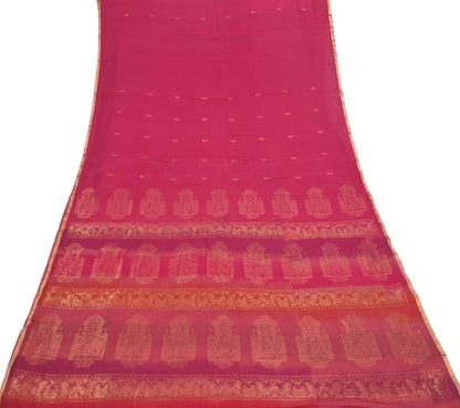 Indian Vintage Sari Pink & Orange Hand Woven Printed Sari 100% Pure Silk Sarees Craft Fabric 5yd Soft Zari Dress making Quilting Used