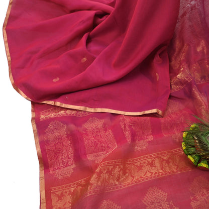 Indian Vintage Sari Pink & Orange Hand Woven Printed Sari 100% Pure Silk Sarees Craft Fabric 5yd Soft Zari Dress making Quilting Used