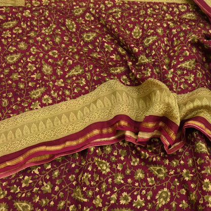 Indian Vintage Sari Maroon Green chanderi Silk Bagru Printed Saree 5Yd Fabric Floral Soft Zari Border Ethnic Upcycle Crafting Dress making