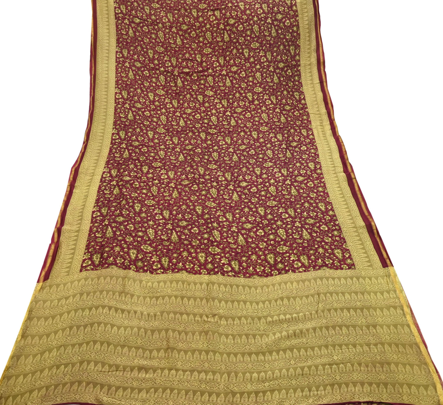 Indian Vintage Sari Maroon Green chanderi Silk Bagru Printed Saree 5Yd Fabric Floral Soft Zari Border Ethnic Upcycle Crafting Dress making