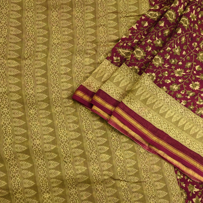 Indian Vintage Sari Maroon Green chanderi Silk Bagru Printed Saree 5Yd Fabric Floral Soft Zari Border Ethnic Upcycle Crafting Dress making