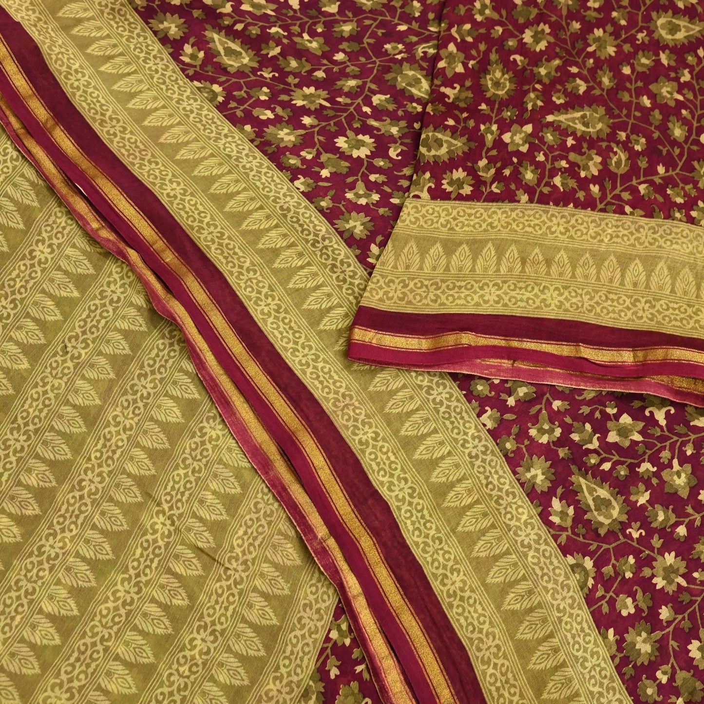 Indian Vintage Sari Maroon Green chanderi Silk Bagru Printed Saree 5Yd Fabric Floral Soft Zari Border Ethnic Upcycle Crafting Dress making