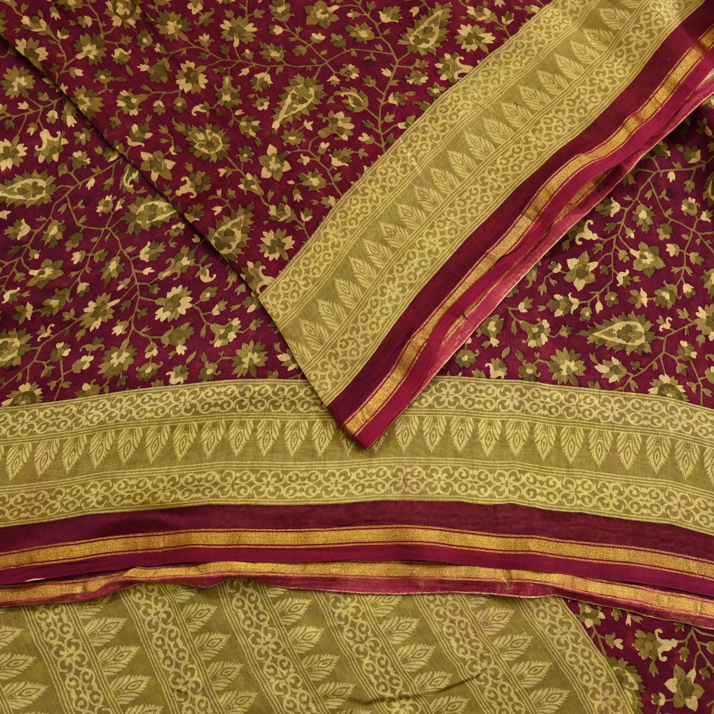 Indian Vintage Sari Maroon Green chanderi Silk Bagru Printed Saree 5Yd Fabric Floral Soft Zari Border Ethnic Upcycle Crafting Dress making