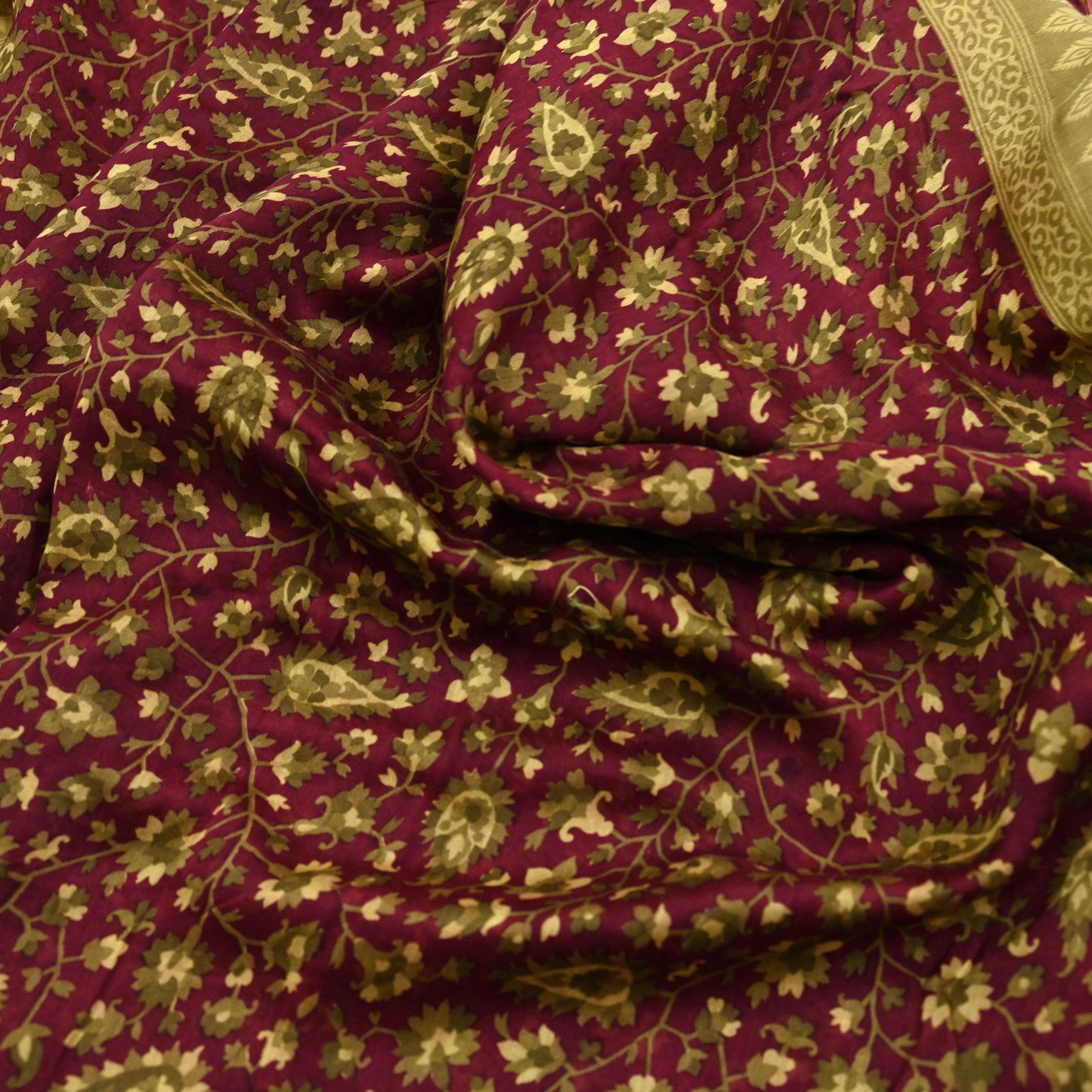 Indian Vintage Sari Maroon Green chanderi Silk Bagru Printed Saree 5Yd Fabric Floral Soft Zari Border Ethnic Upcycle Crafting Dress making