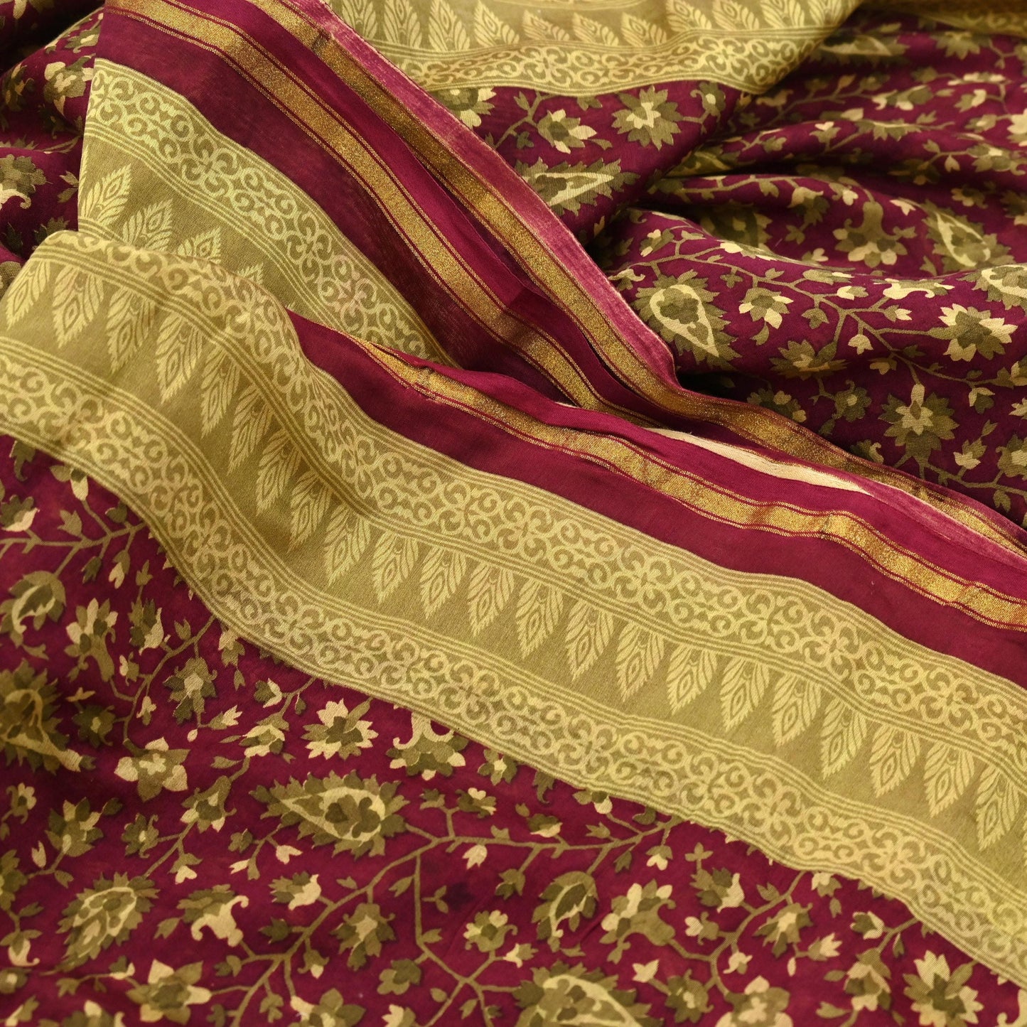 Indian Vintage Sari Maroon Green chanderi Silk Bagru Printed Saree 5Yd Fabric Floral Soft Zari Border Ethnic Upcycle Crafting Dress making