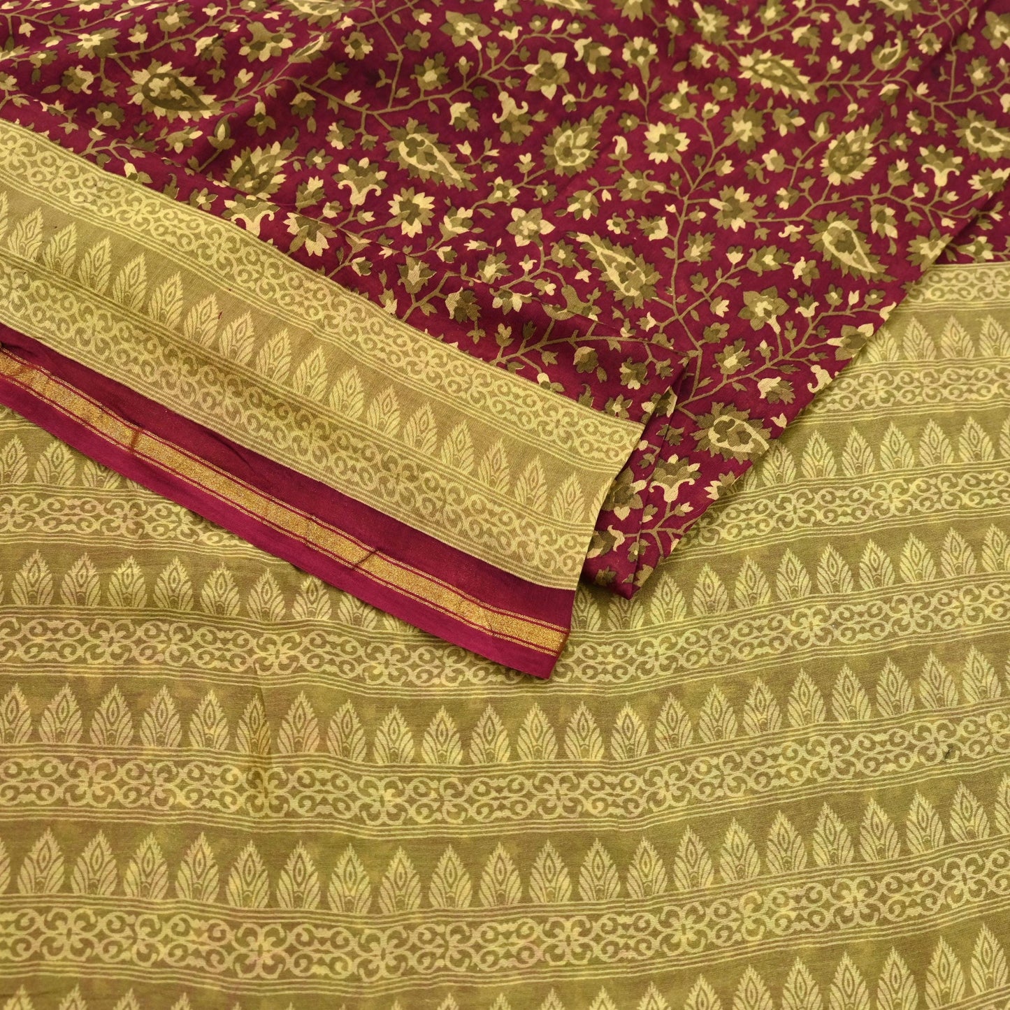 Indian Vintage Sari Maroon Green chanderi Silk Bagru Printed Saree 5Yd Fabric Floral Soft Zari Border Ethnic Upcycle Crafting Dress making