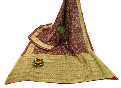Indian Vintage Sari Maroon Green chanderi Silk Bagru Printed Saree 5Yd Fabric Floral Soft Zari Border Ethnic Upcycle Crafting Dress making
