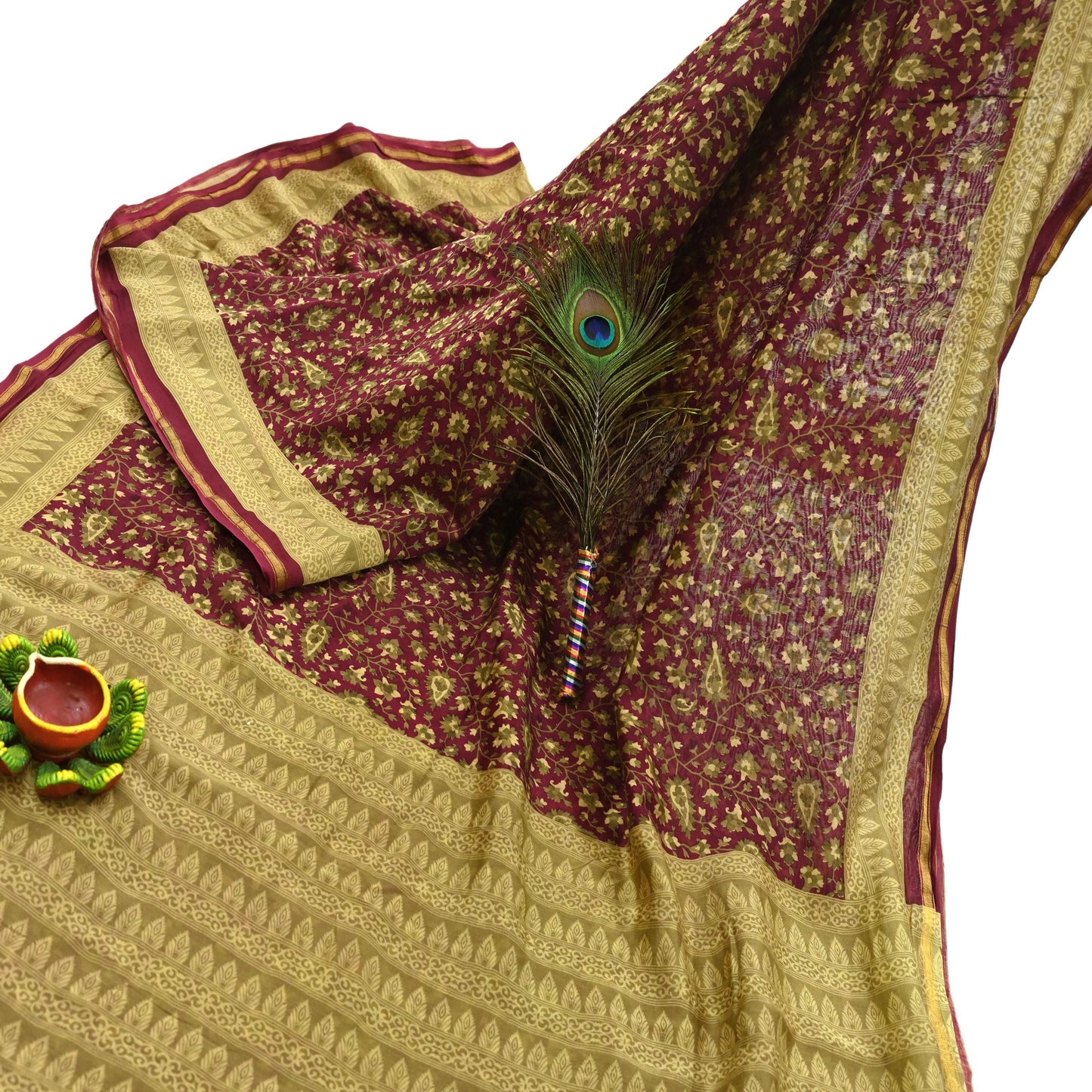 Indian Vintage Sari Maroon Green chanderi Silk Bagru Printed Saree 5Yd Fabric Floral Soft Zari Border Ethnic Upcycle Crafting Dress making