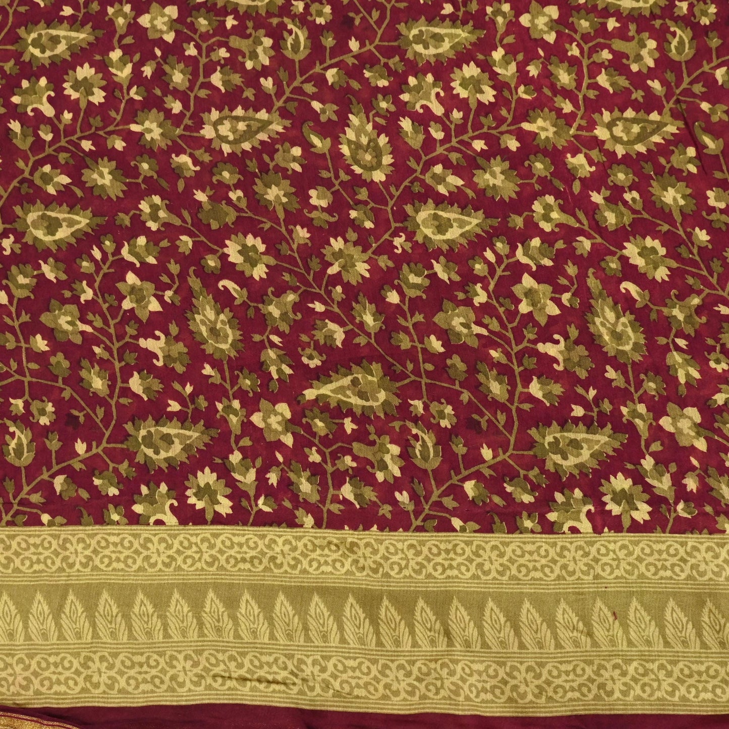 Indian Vintage Sari Maroon Green chanderi Silk Bagru Printed Saree 5Yd Fabric Floral Soft Zari Border Ethnic Upcycle Crafting Dress making
