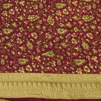 Indian Vintage Sari Maroon Green chanderi Silk Bagru Printed Saree 5Yd Fabric Floral Soft Zari Border Ethnic Upcycle Crafting Dress making