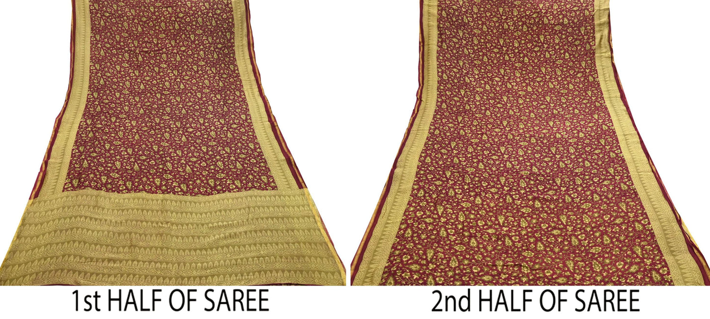 Indian Vintage Sari Maroon Green chanderi Silk Bagru Printed Saree 5Yd Fabric Floral Soft Zari Border Ethnic Upcycle Crafting Dress making