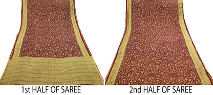 Indian Vintage Sari Maroon Green chanderi Silk Bagru Printed Saree 5Yd Fabric Floral Soft Zari Border Ethnic Upcycle Crafting Dress making