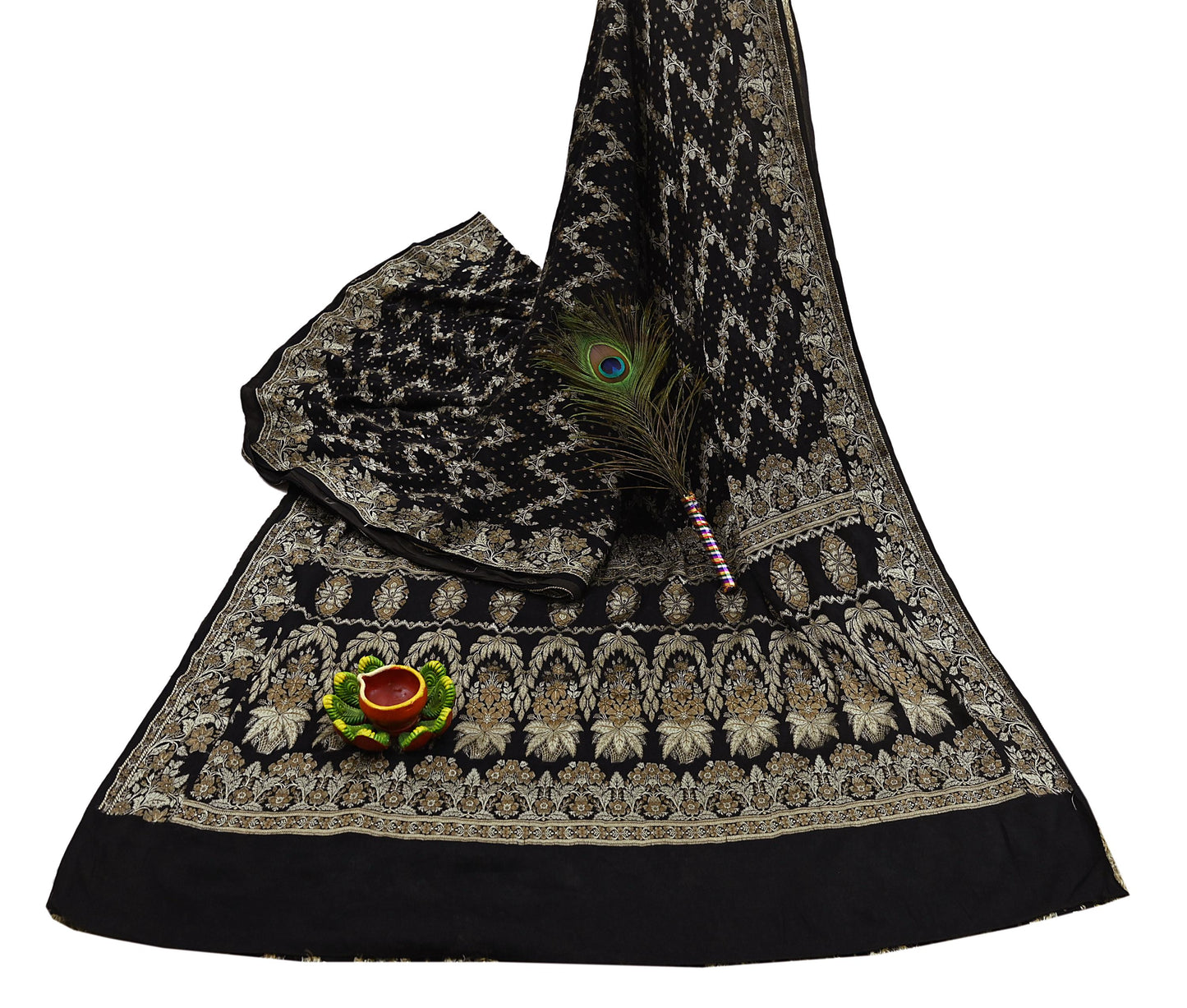 Indian Vintage Sari Black 100% Pure Silk Hand Woven Sarees Craft Fabric 5Yd Ethnic Sewing Dress making Crafting Quilting Upcycle