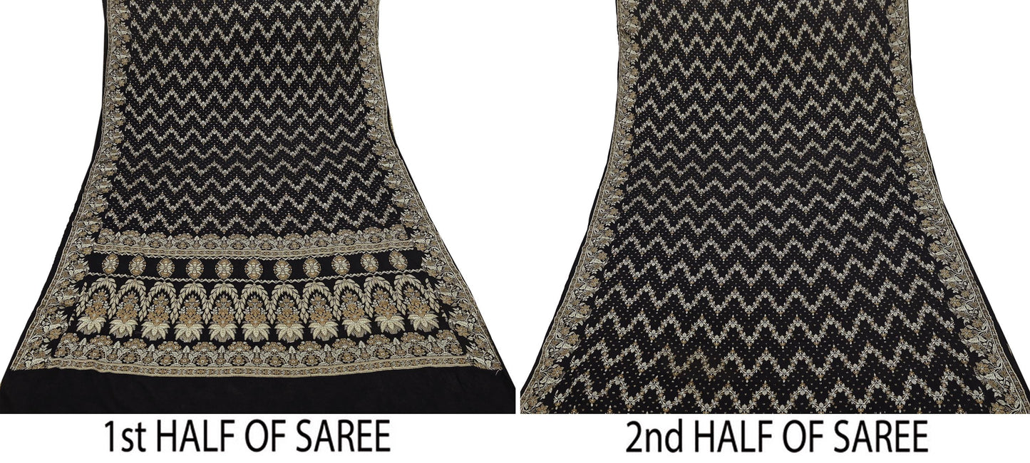 Indian Vintage Sari Black 100% Pure Silk Hand Woven Sarees Craft Fabric 5Yd Ethnic Sewing Dress making Crafting Quilting Upcycle