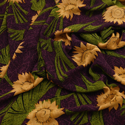 Indian Vintage Sari Green & Purple Pure Crepe Silk Printed Saree 5yard Sewing Sun Flower Soft Craft Fabric Wrap