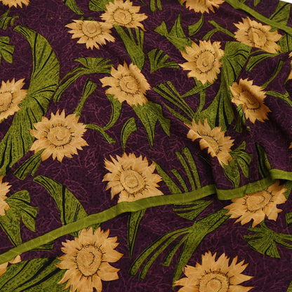 Indian Vintage Sari Green & Purple Pure Crepe Silk Printed Saree 5yard Sewing Sun Flower Soft Craft Fabric Wrap