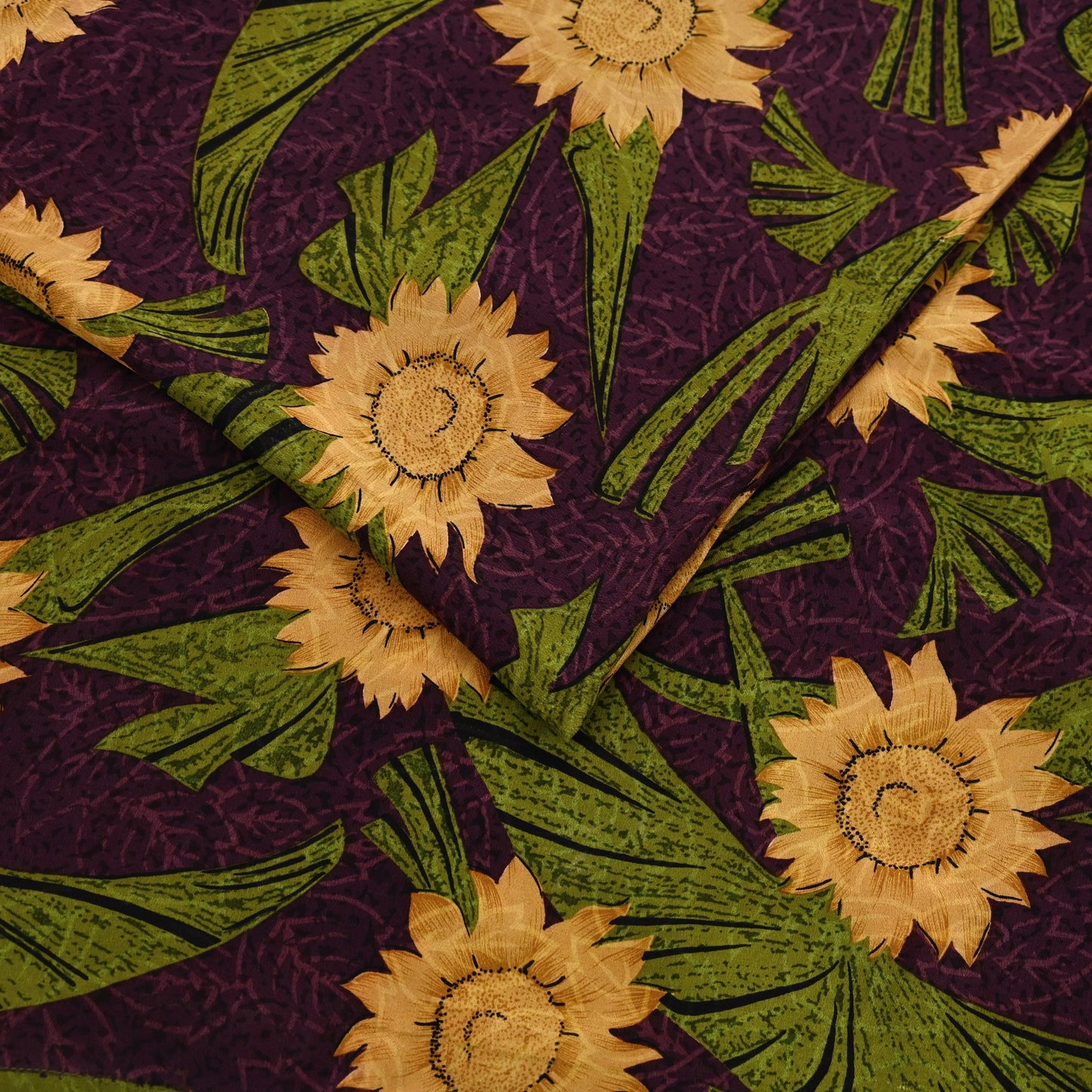 Indian Vintage Sari Green & Purple Pure Crepe Silk Printed Saree 5yard Sewing Sun Flower Soft Craft Fabric Wrap