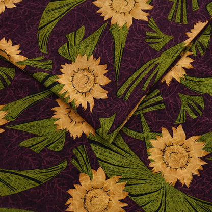 Indian Vintage Sari Green & Purple Pure Crepe Silk Printed Saree 5yard Sewing Sun Flower Soft Craft Fabric Wrap