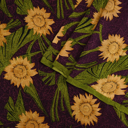 Indian Vintage Sari Green & Purple Pure Crepe Silk Printed Saree 5yard Sewing Sun Flower Soft Craft Fabric Wrap