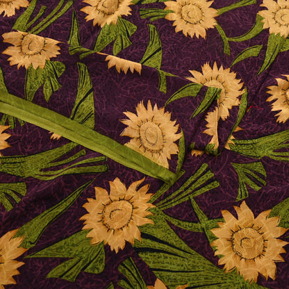 Indian Vintage Sari Green & Purple Pure Crepe Silk Printed Saree 5yard Sewing Sun Flower Soft Craft Fabric Wrap