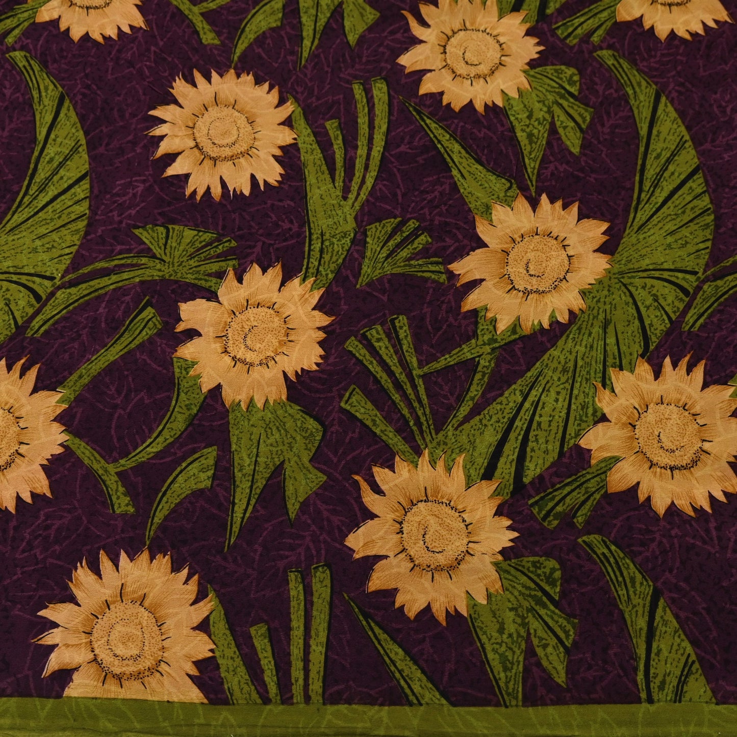 Indian Vintage Sari Green & Purple Pure Crepe Silk Printed Saree 5yard Sewing Sun Flower Soft Craft Fabric Wrap