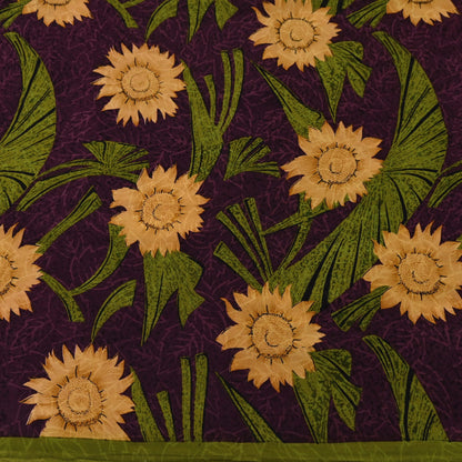 Indian Vintage Sari Green & Purple Pure Crepe Silk Printed Saree 5yard Sewing Sun Flower Soft Craft Fabric Wrap